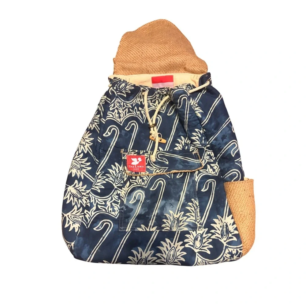 Taaluma‎ Totes Backpack Boho Blue Batik Straw Accent Drawstring Toggle OS